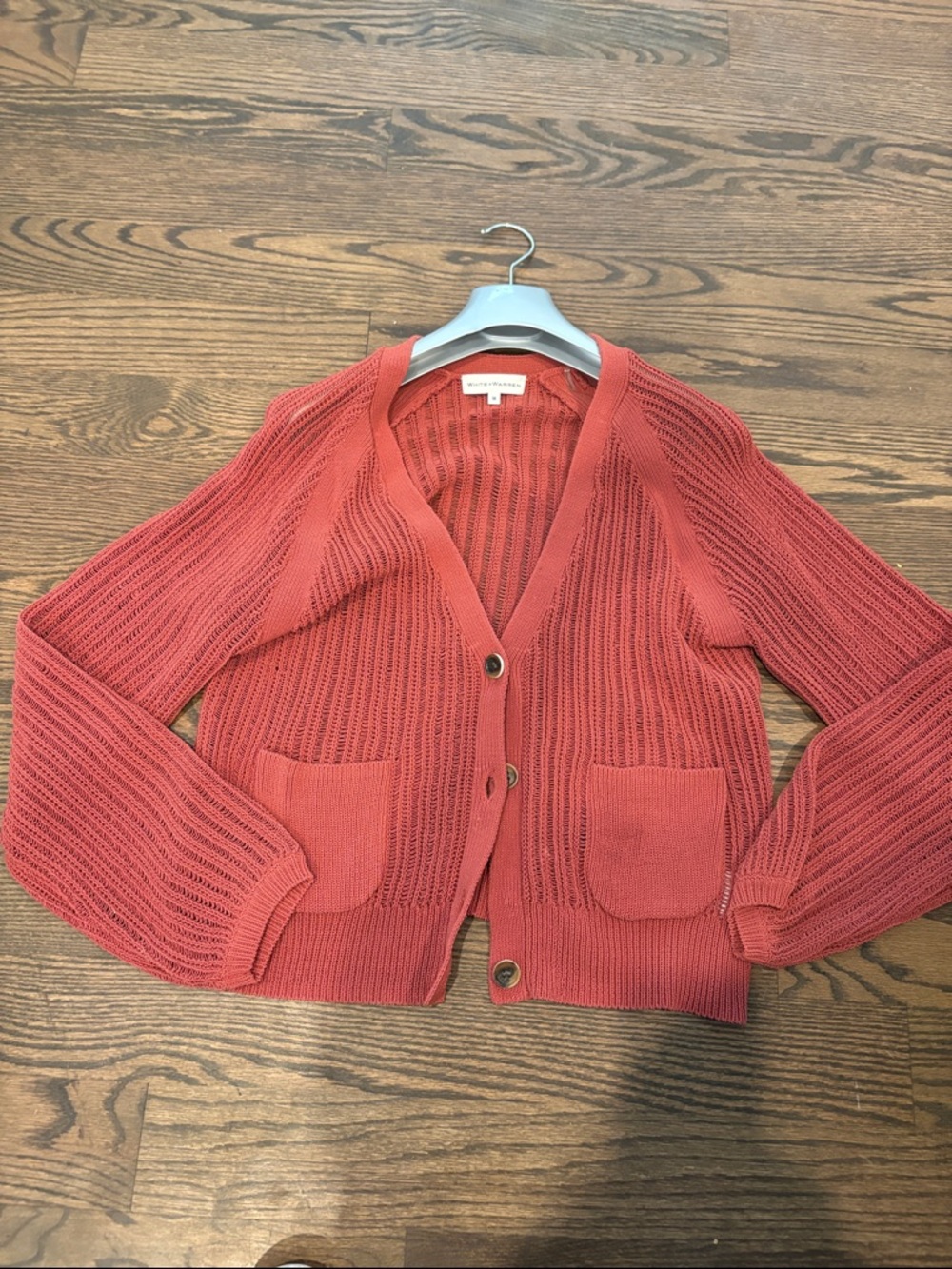 White + Warren Coral Open-Knit Button Cardigan